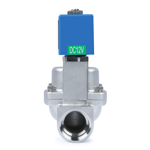 Solenoid valve, 1-inch stainless steel body with blue DC12V actuator, front view.