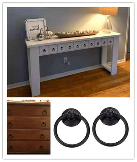 Two Pack Black Iron Cabinet Ring Pulls With Screws In A Single Hole Design for furniture, console table, dresser shown