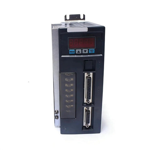 AC servo drive module with red LED display, control buttons, black enclosure, front view with dual DB-25 connectors