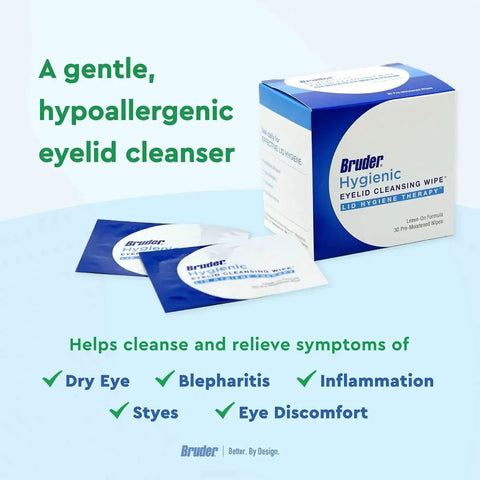 Box of Rinse-Free Eyelid Cleansing Wipes for oil debris and makeup removal, with individual packets, blue and white packaging