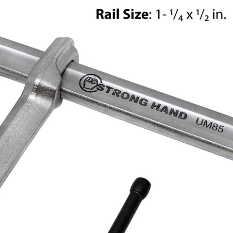Close-up of Regular Duty Bar Clamp, 8.5 Inch Capacity, 2400 Lbs Clamping Pressure, showing rail size 1-1/4 x 1/2 in.