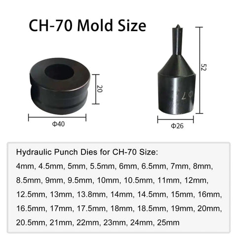 CH-70 mold size chart with hydraulic round hole punch die set for steel copper and aluminum, heavy duty sheet metal punching dies
