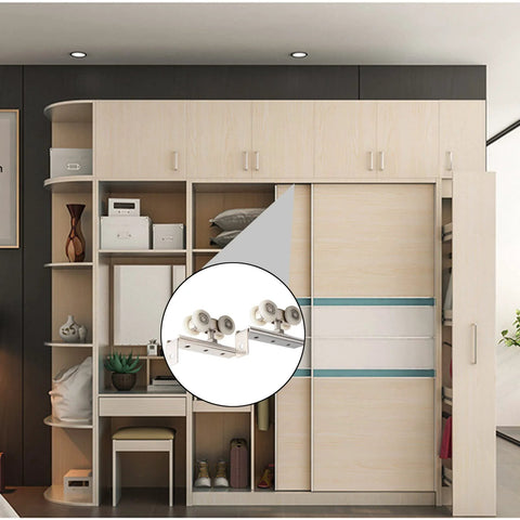 Heavy Duty 2 Piece 4 Wheel Metal Sliding Track Wheel Set With Hanger And Ball Bearing Pulleys For Wardrobe Closet Barn Doors