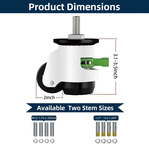 Image showing dimensions of Heavy Duty Caster Wheels Set Of 4 With Leveling Stem Casters And Retractable Wheels, two stem sizes.