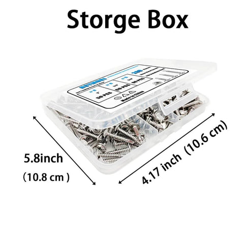 Storage box with clear lid containing assorted stainless steel #8 self-tapping screws for metal.