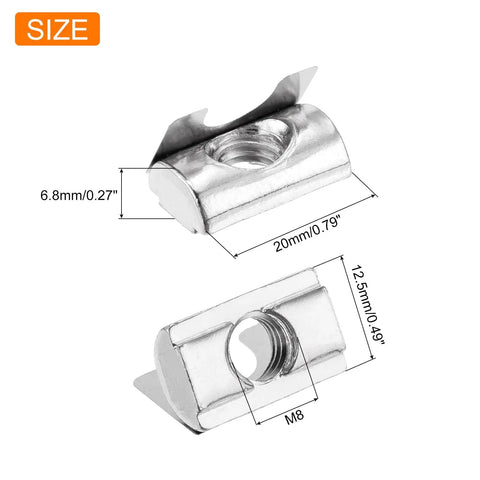M8 Roll In Spring T Nuts Set 30 Pcs Nickel Plated Carbon Steel For 3030 And 4040 Aluminum Slot Profiles Strong Load Bearing Easy Insertion And Lock In Track Durable Hardware showing size dimensions 20x12.5x6.8 mm