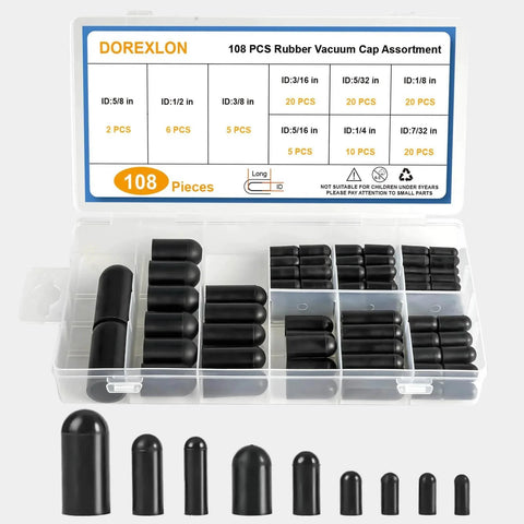 108 Piece Rubber Vacuum Caps Kit With Assorted Sizes For Carburetor And Engine Manifold Hoses Durable High Temp Resistant Rubber Caps Set In Storage Case For Automotive Projects