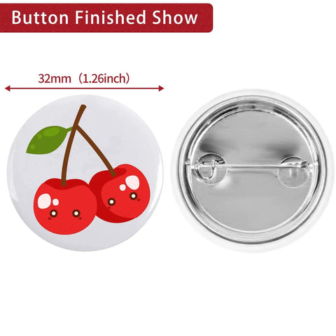 32mm cherry design button badge with metal pin-back; front and back views