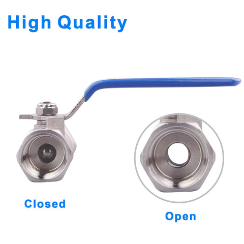 1/2 in stainless steel ball valve with blue lever; NPT standard port, side view with open inset