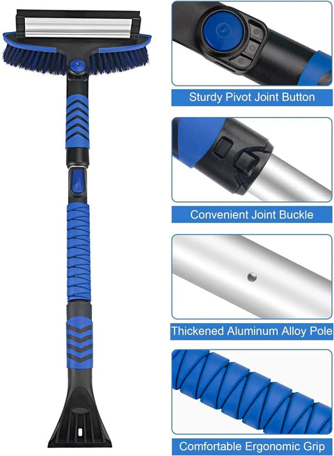 Close-up of All In One Extendable Snow Brush With 180 Degree Pivoting Head Car Ice Scraper Snow Broom and Squeegee, showing sturdy features.