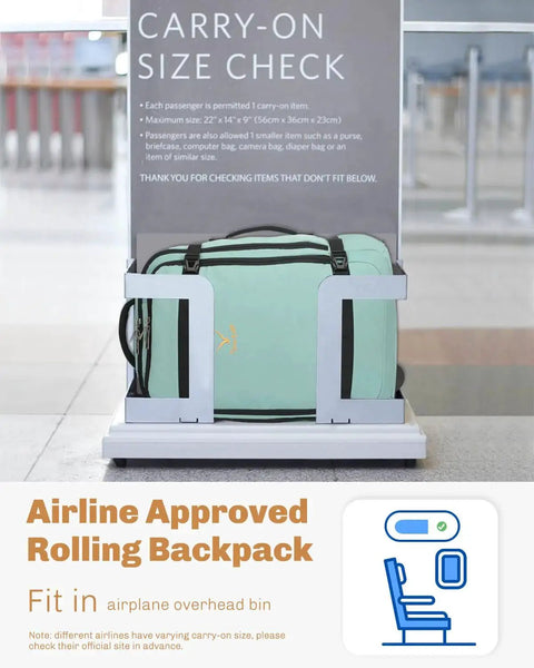 Rolling Backpack 42L With Wheels Airline Approved Carry On Luggage Laptop Travel Bag Mint Green for women and men in size check