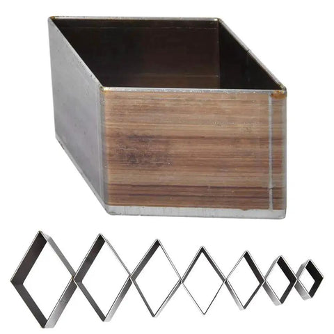 7 Piece Die Punch Cutter Rhombic Punching Die Set For Leather Craft Hollow Cutter blades on display, high speed steel, various sizes