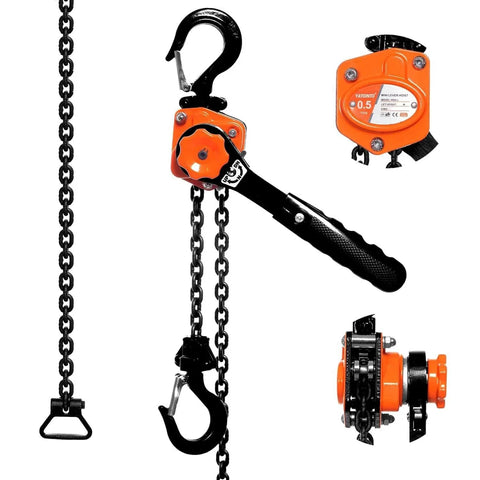 0.5 Ton Mini Lever Chain Hoist 5 Ft Ratchet Chain Puller With Upgraded Longer Handle And Heavy Duty Hooks, visible close-up view