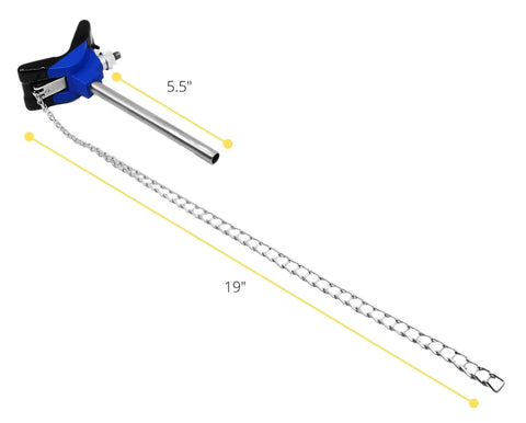 Heavy Duty Lab Clamp With Vinyl Coated Chain And Stainless Steel Rod 8 Inch Jaw visible with 19 Inch overall length, side view