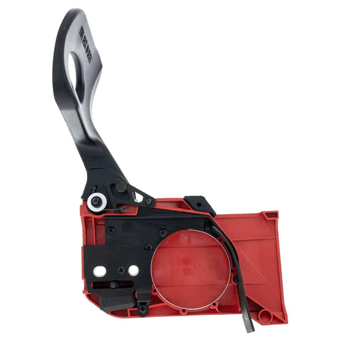 Brake assembly for Craftsman lawn mower, red housing with black lever, side view