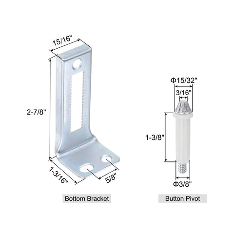 Four Pack Pro Grade Bifold Door Hardware Bottom Pivot Set With Support Metal Plate For Bi Fold Pocket Doors Includes Bottom Pivot And Bracket Fits Closet Doors From One Inch To One And Three Eighths Inches Thick Durable Replacement Kit showing bottom bracket and button pivot with dimensions.