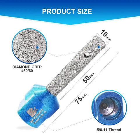 Diamond Finger Milling Bits For Porcelain Ceramic Granite Marble Three Eighths Inch Dry Core Drill Bit with specs of 10mm diameter, 75mm length, and 5/8-11 thread shown.
