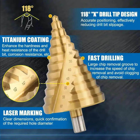 Step Drill Bit Set 6 To 60mm Titanium Coated HSS Cone Drill Bit With Triangular Shank Spiral Groove Pagoda Hole Cutter