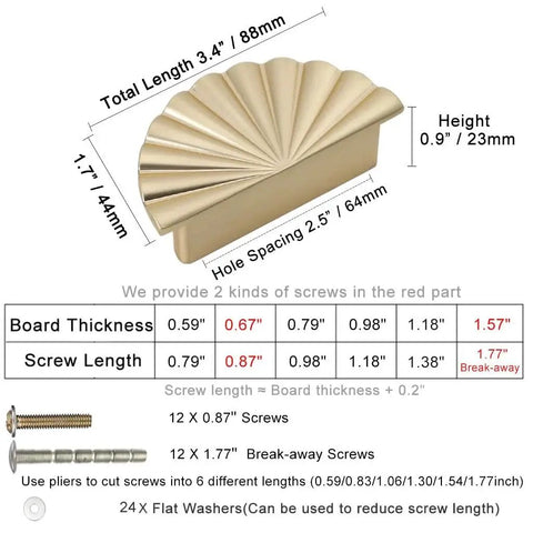 Semicircle Sunflower Cabinet Pulls In Brushed Gold Finish 6 Pack with screw and size details, durable zinc alloy handle design.
