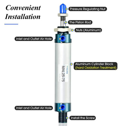 TAILONZ MAL25x75 pneumatic air cylinder, 25mm bore and 75mm stroke, aluminum body with Y connector and 2x 6mm fittings