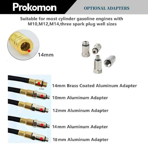Optional adapters for engine cylinder leak down tester kit for gasoline engines with extension rod Prokomon dual gauge set.