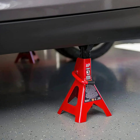 3 Ton Heavy Duty Steel Jack Stands Pair For Car Lifting Not For SUV Or Truck supporting a car undercarriage
