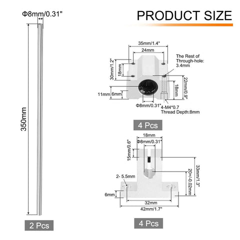Two Pack Heavy Duty 8mm By 350mm Linear Motion Rail Kit With SCS8UU Bearings And SK8 Rail Supports For CNC Machines And 3D Printers Smooth Glide For Precise Motion Silver, detailed specifications illustration