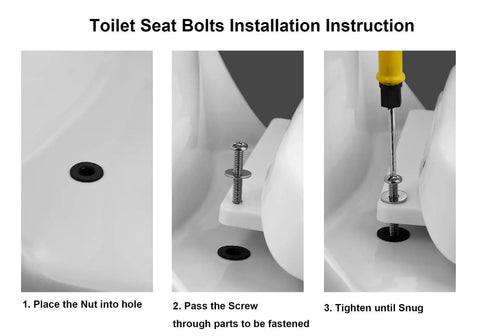 Rust Resistant Universal Toilet Seat Bolts And Nuts Kit With Brass Thread Inserts For Easy DIY Install shown in installation steps