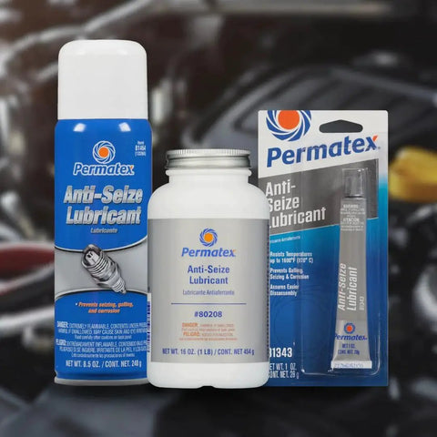 Permatex Anti-Seize Lubricant products including a spray, jar, and tube displayed against a blurred engine background.