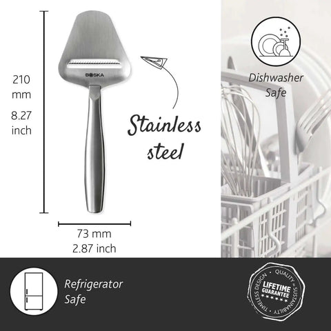 Stainless Steel Cheese Slicer Copenhagen Multifunctional Kitchen Tool For All Types Of Cheese Grating, displayed with dimensions.