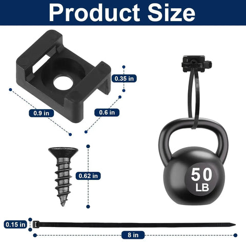 Heavy Duty Cable Zip Tie Mounts Kit With 60 Packs Of 8 Inch Nylon Ties, 5M Screws, Wall Desk Fasteners for cable management