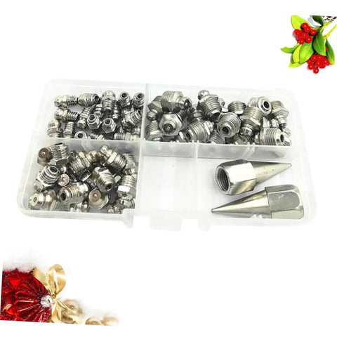 Grease Fitting Kit With All In One Grease Gun Nozzles For Lubricating Bearings And Machinery Assorted Fittings In Various Sizes Angled And Screw Nozzles Durable Construction Storage Case Included Great For Home Shop And Industrial Use