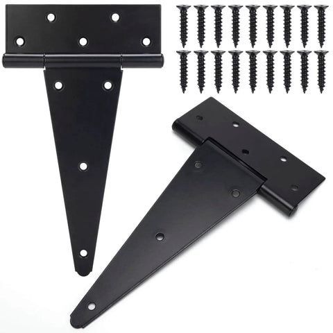 10 Inch T Strap Gate Hinges In Black Powder Coated Finish Heavy Duty Tee Hinges For Wooden Fences And Yard Gates Suitable For Shed And Barn Doors Rustproof And Corrosion Resistant 2 Pack shown with screws