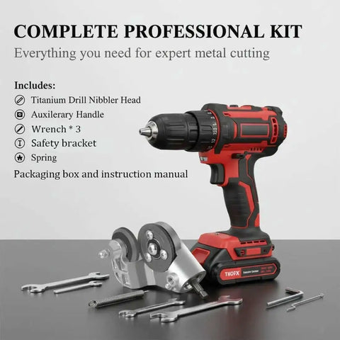 Turn Any Drill Into A Sheet Metal Cutter With This Titanium Drill Nibbler Attachment, shown with kit components and instructions.