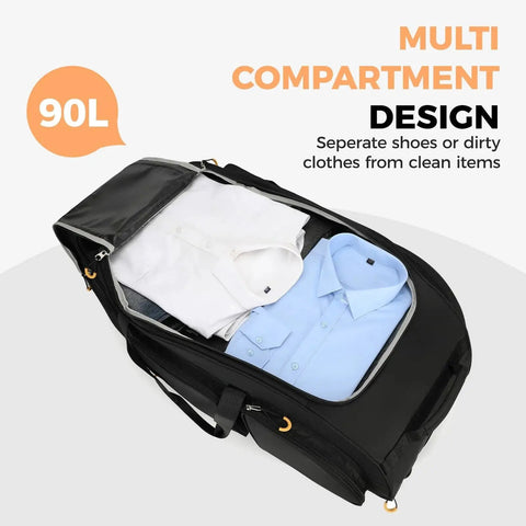Large 90L Rolling Duffle Bag With Wheels And Telescoping Handle open to show multi-compartment design with shirts, black color