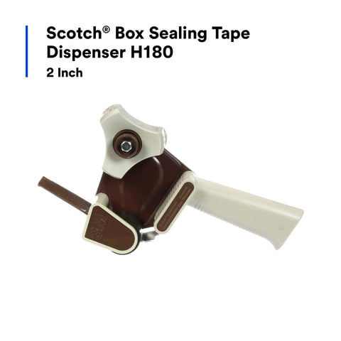 Scotch H180 2-inch packing tape dispenser, side view, gray plastic with brown metal accents.