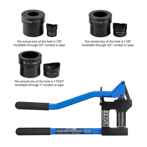 Heavy Duty Manual Lever Sheet Metal Stud Punch 20 Gauge With 7/8 Inch, 1-1/8 Inch, And 1-11/32 Inch Knockout Hole Punch Driver Kit