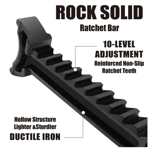 Close-up of ductile iron ratchet bar for Heavy Duty 3 Ton Steel Jack Stands With Double Locking Pins 2 Pack, showing 10-level adjustment.