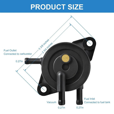 Premium Heavy Duty Fuel Pump For Lawn Mower Golf Carts And Utility Vehicles with size dimensions and connections visible