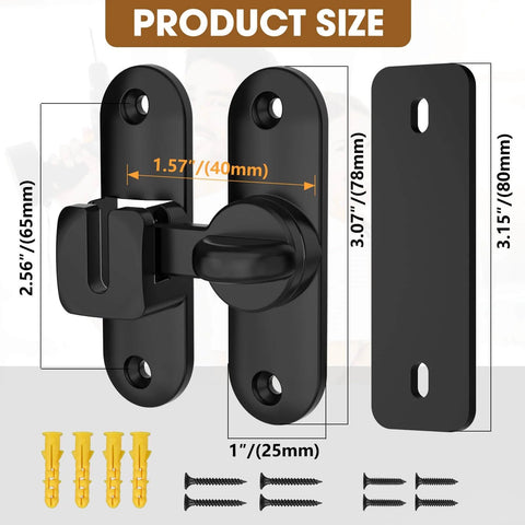 Diagram showing dimensions of 90/180 Degree Barn Door Lock And Latch In Zinc Alloy Black Finish with screws and anchors.