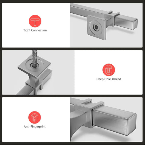 Close-up of Ten Pack Brushed Nickel Cabinet Pulls Center To Center 128mm 7.5 Inch Overall Length 192mm with tight connection