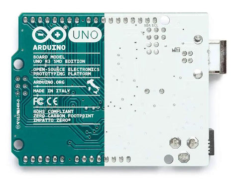 Back view of Uno Rev3 SMD Microcontroller Board with ATmega328P 16MHz 32KB Flash USB and PWM support for DIY projects and prototyping