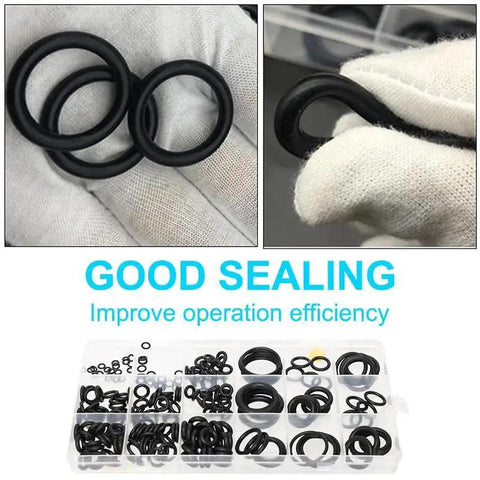 225 Pieces Nitrile Rubber O Ring Kit With 18 Size Assortment for sealing; shown with close-up view of rubber rings and assortment box.