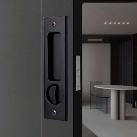 6.3 Inch Privacy Pocket Door Lock Hardware With Key For Double Barn Doors Matte Black Zinc Alloy Construction Silent Lock Body