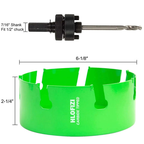 Carbide Tipped Hole Saw 6-1/8 Inch Multi Material Cutter for Recessed Lighting With Arbor, shown with dimensions.
