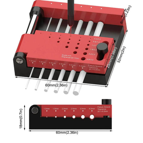 Center Locator Drill Guide Jig for DIY Projects, red and black, adjustable 0.3-3mm hole punch, shows size measurements.