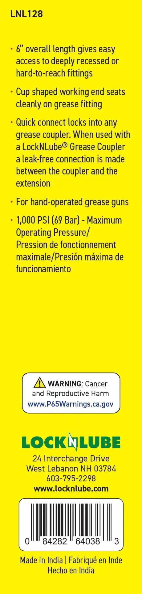 Recessed Fitting Adapter With Six Inch Reach For Deeply Recessed Grease Fittings, packaging with product details
