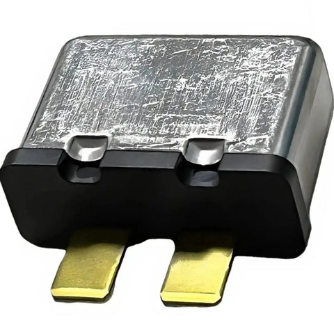 Close-up front view of 30A Thermal Fuse Relay-Style Plug-In Automotive Fuse Replacement For OE 443937105A showing metallic housing and pins.