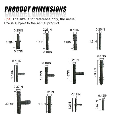 Dimensions diagram for Pro Grade Vacuum Line Connector Kit With 12 Sizes Heat Resistant Nylon Barbed Fittings For Auto Tubing