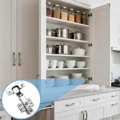 Open white kitchen cabinet with pots, dishes, and 4 Pack Concealed Kitchen Cabinet Hinges With Full Overlay Alignment 105 Degree Soft Close Adjustable Includes 24 Mounting Screws For Easy Install Two Pairs Per Pack inset image